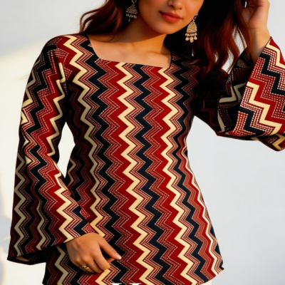 Kalamkari short kurti Square Neck Bell Sleeve Tunic with Chevron Zigzag Print